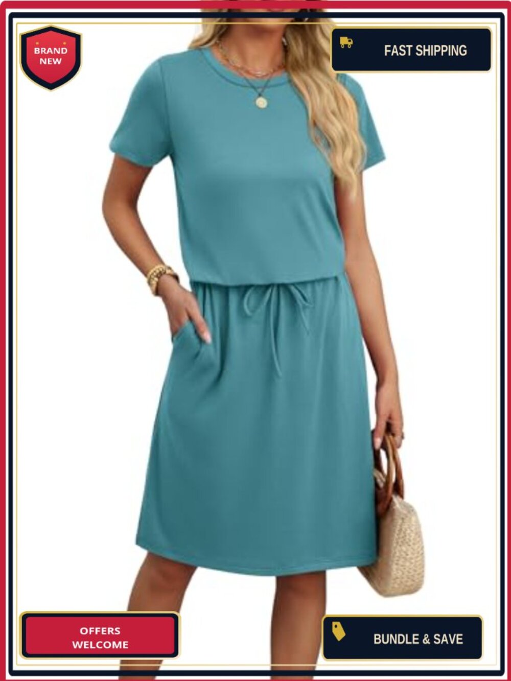 Womens Summer Casual A-Line Dress Short Sleeve Crew Neck Tie Waist Pockets